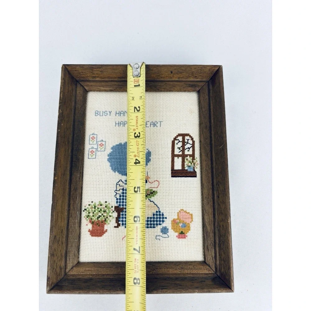 Vintage Picture Framed Cross Stitch Handmade Bonnet Girls Busy Hands Happy Heart